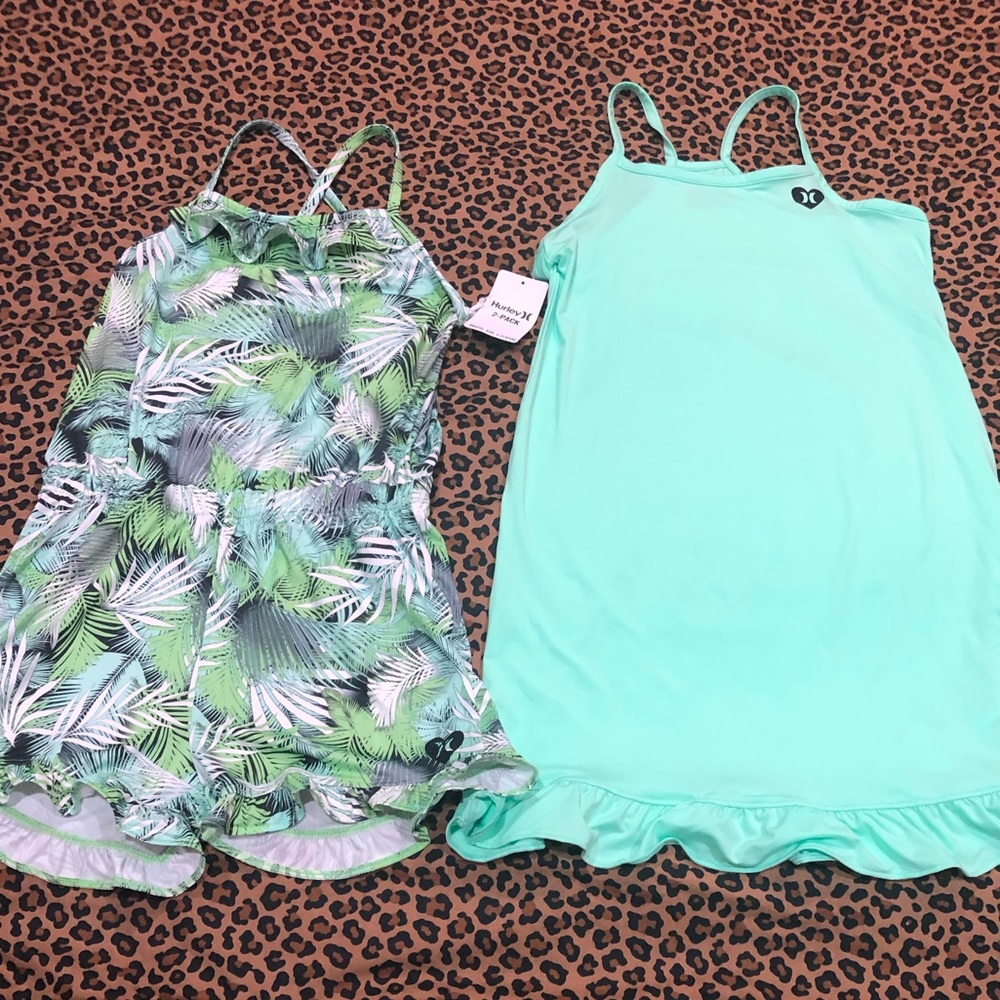 Hurley 2 Pack Mint Green Dress and Palm Leaf Print Romper Set *Size Youth L* 🌴